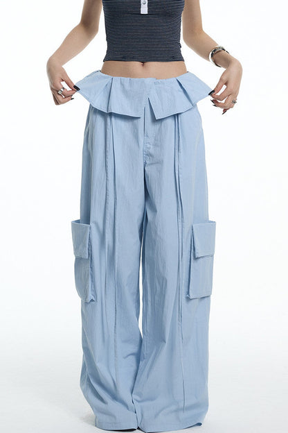 Ruffled Glacier Blue Wide-Leg Pants