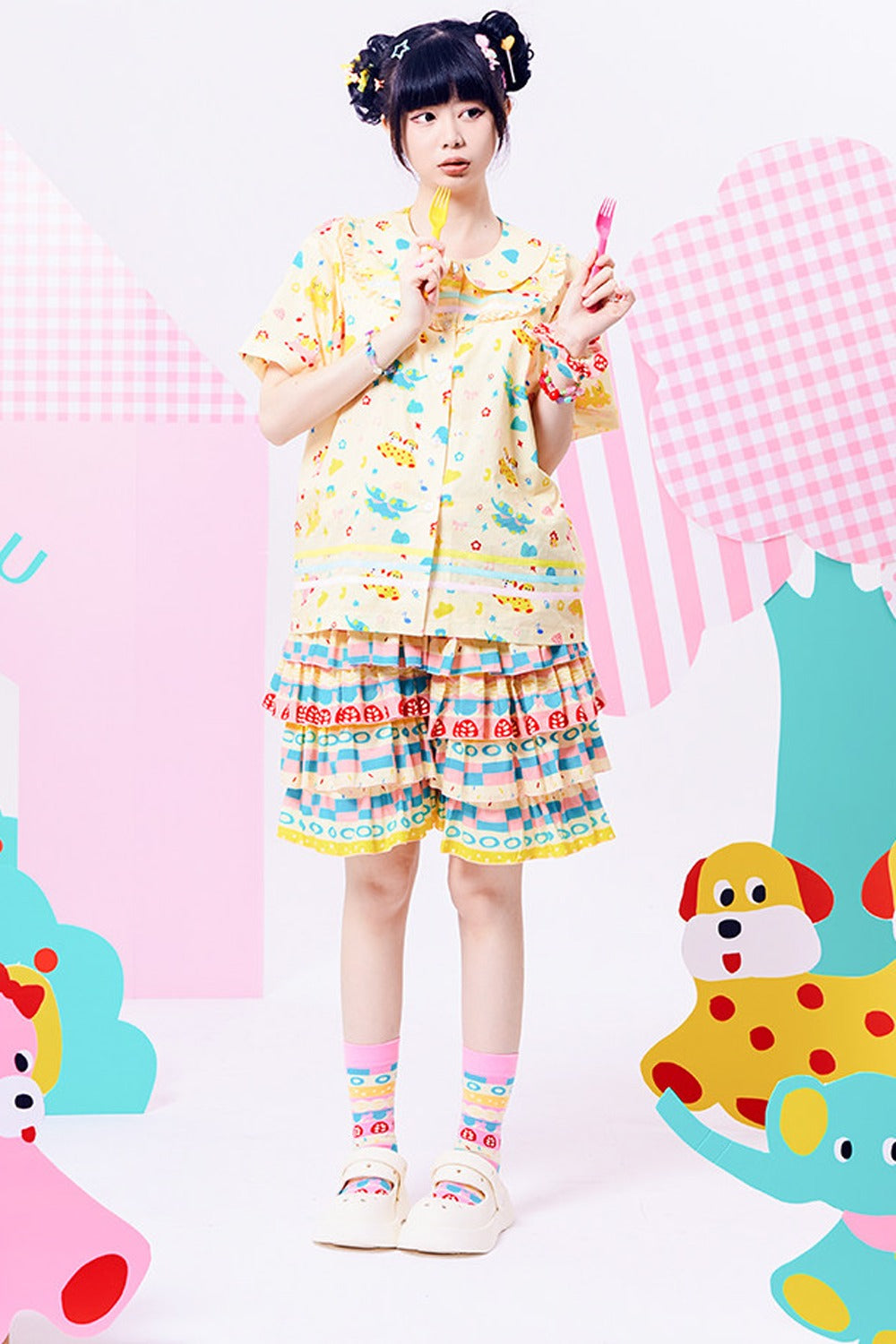 Original Three-Color Ribbon Print Blouse