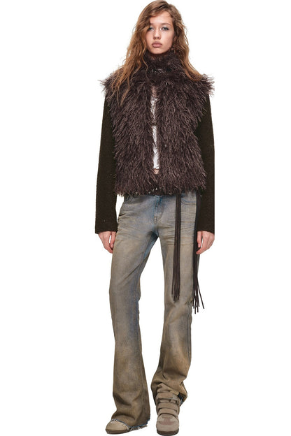 Spliced Sheepskin Fur Belted Short Jacket