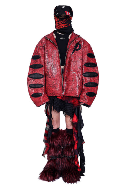 Red Cracked Leather Oversized Jacket