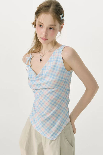 Sweetness Blue Plaid Bowknot Tank