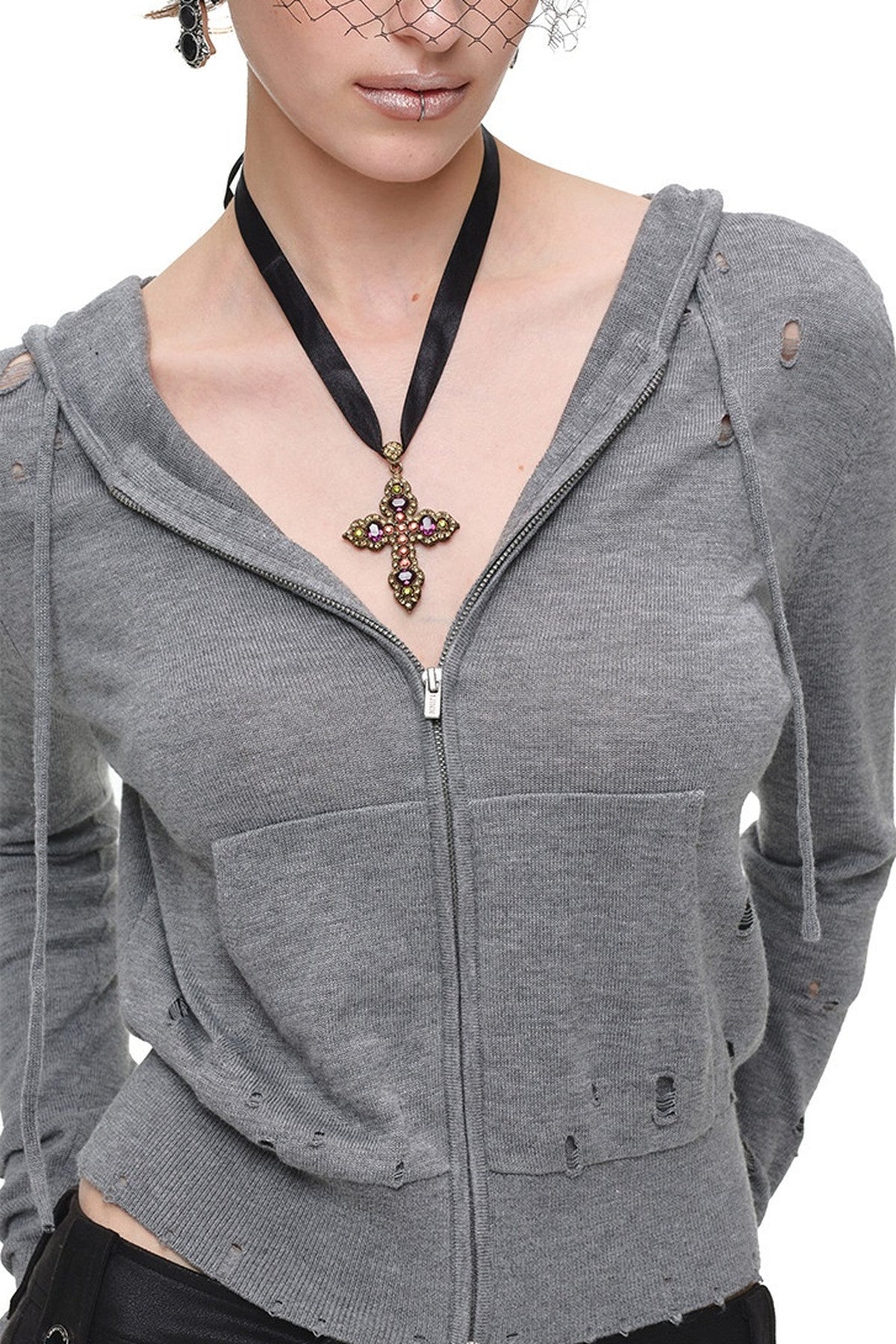 Distressed Hooded Knit Cardigan