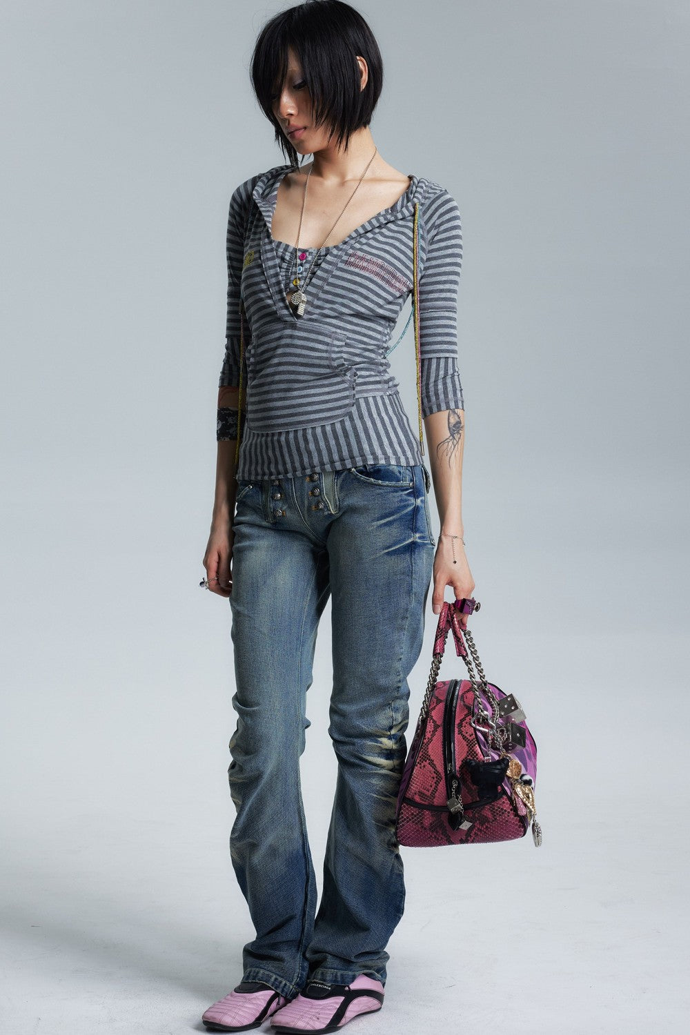 Divine Asymmetrical Frayed Striped Mid-Sleeve T-Shirt