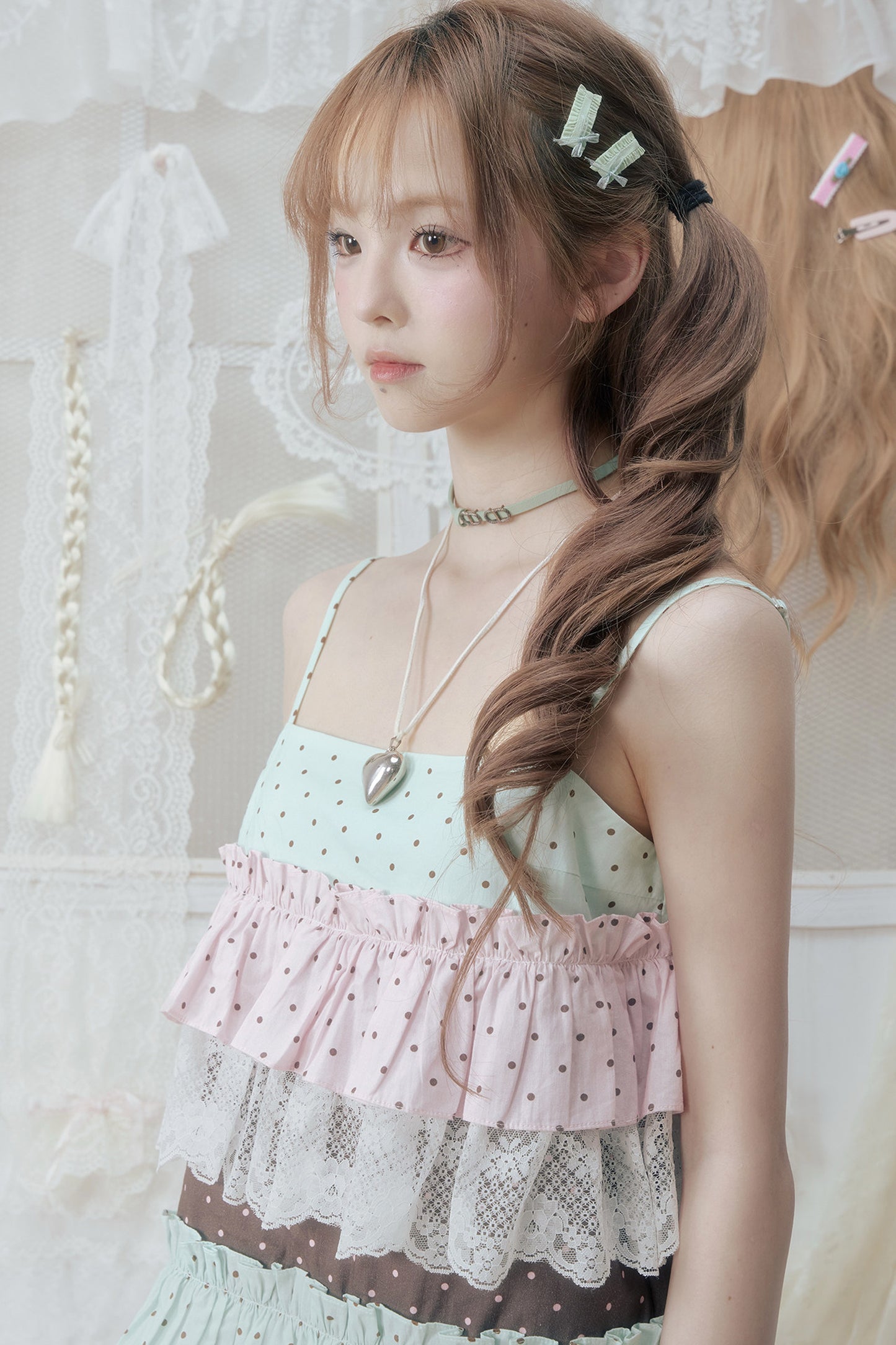 Pink Green Polka Dot Lace Ruffle Dress