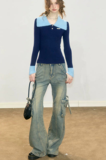Navy Blue Polo Collar Knit Sweater