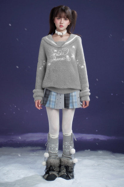 Gray Faux Mink Fur Sailor Collar Sweater