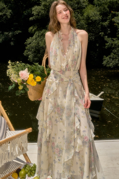 Floral Ruffle Sleeveless V-Neck Dress