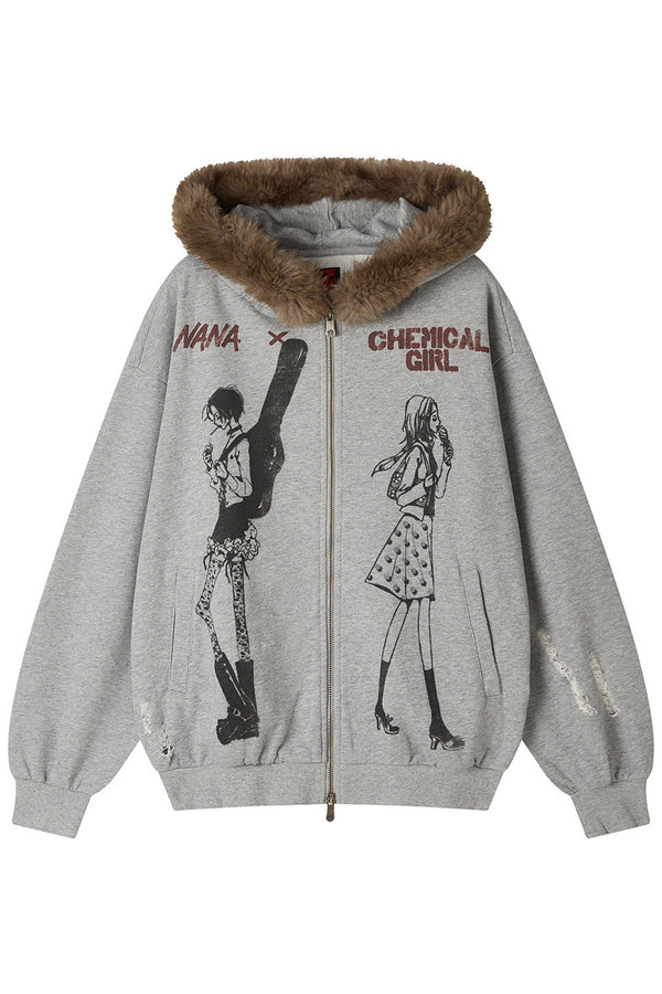 Distressed Fur Collar Hooded Cardigan