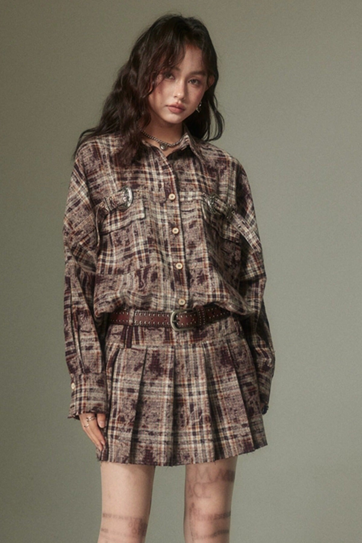 Plaid Shirt and Pleated Skirt Set-Up
