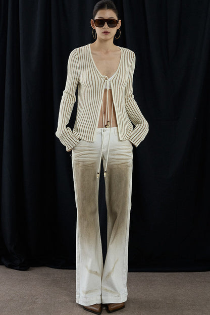 Apricot Striped V-Neck Tie Cardigan