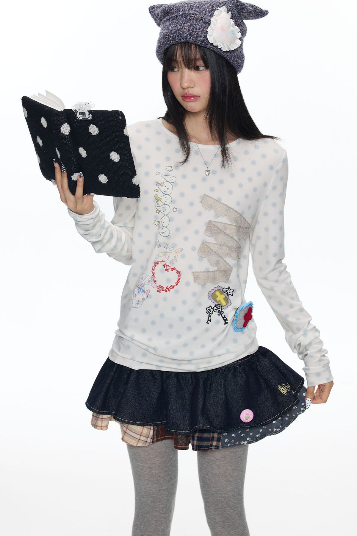 Polka Dot Lace Patchwork Long Sleeve T-Shirt