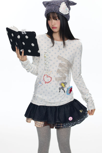 Polka Dot Lace Patchwork Long Sleeve T-Shirt