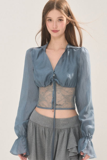 Short Lace Panel V-Neck Shirt