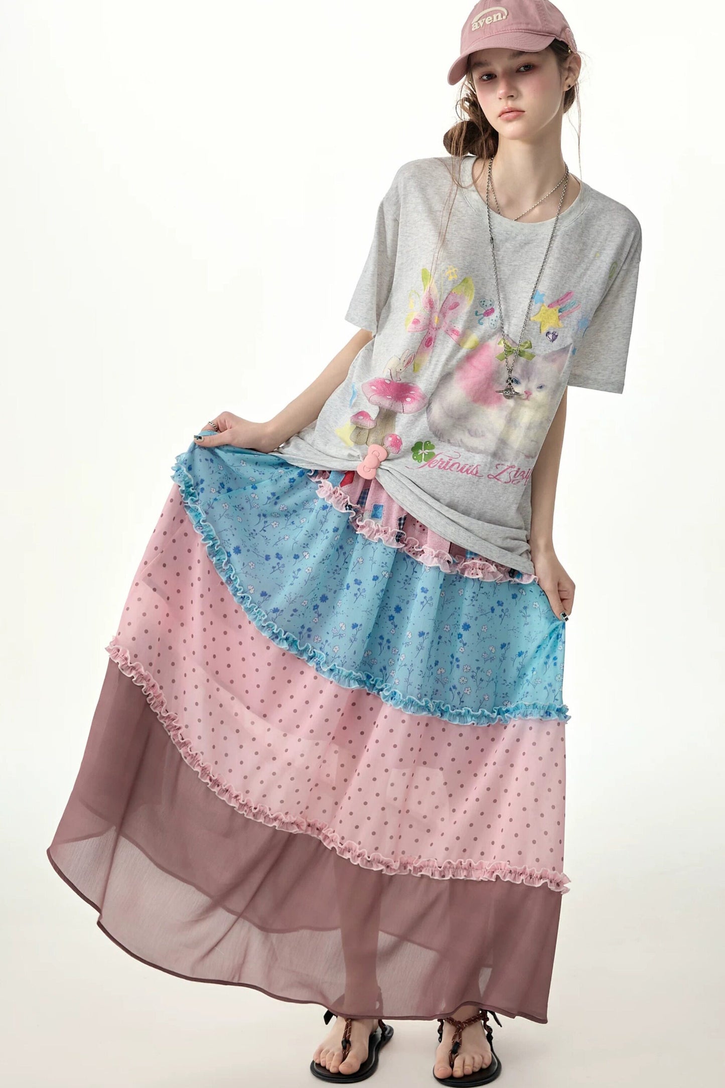Pink Floral Polka Dot Tiered Maxi Skirt