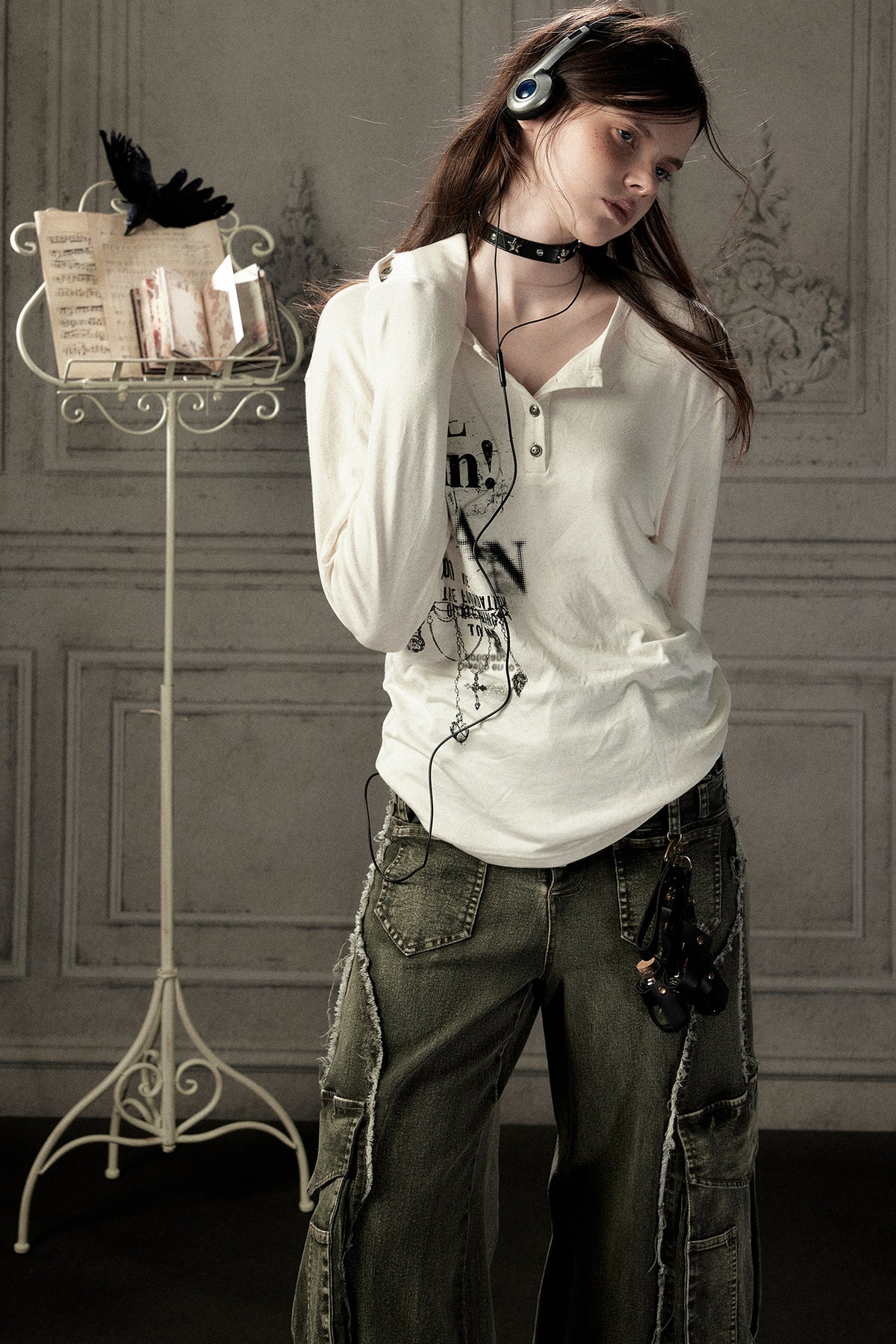 Beige Printed Long-Sleeved T-Shirt