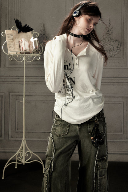 Beige Printed Long-Sleeved T-Shirt