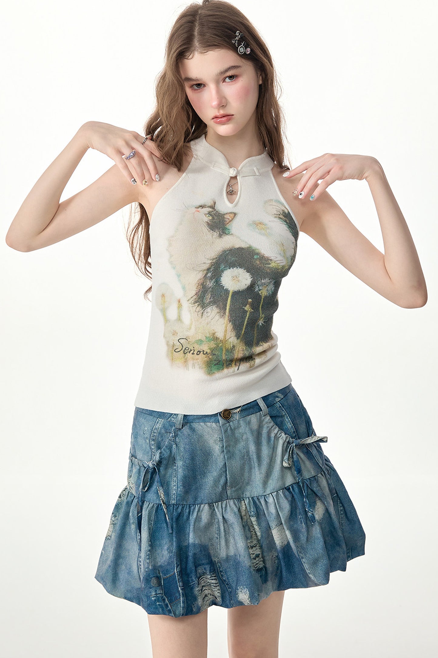 White Cat Print Knit Halter Top