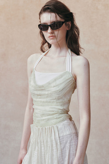 Doppellagiges trägerloses Drapé-Top mit Neckholder und Spitzen-Jacquard