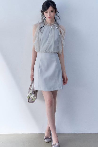 Pleated Mesh Flutter Sleeve Layered-Look Dress