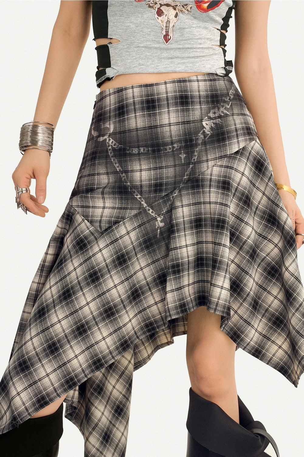 Retro Asymmetrical Plaid Midi Skirt