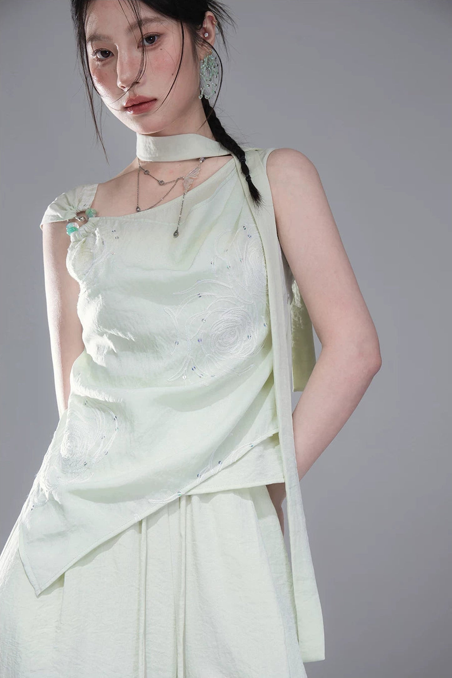 Green Sequin Ribbon Vest Set