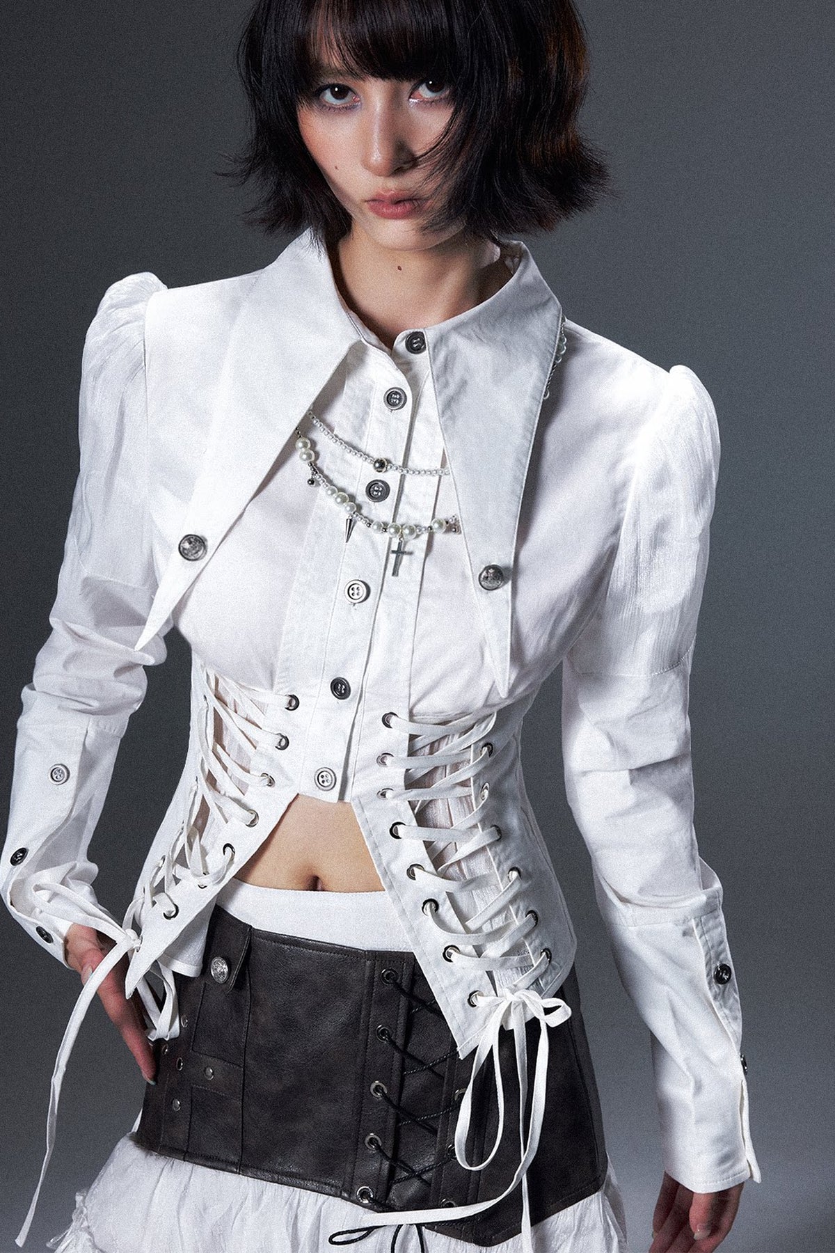 Lace-Up Waist Lapel Long-Sleeve Shirt
