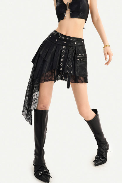 Ensemble jupe asymétrique punk en cuir noir avec empiècements