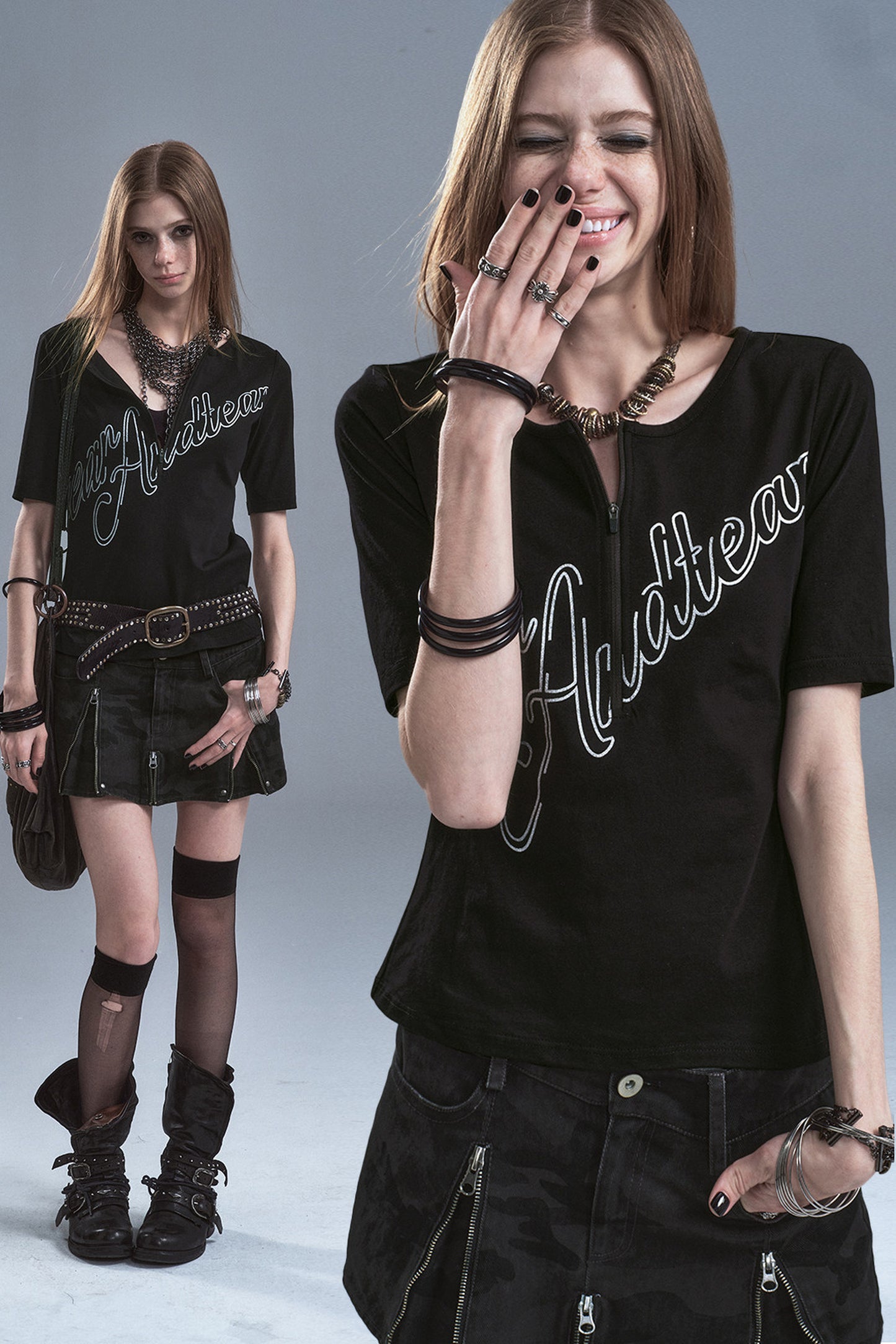 Half-Zip Silver Letter Print T-Shirt