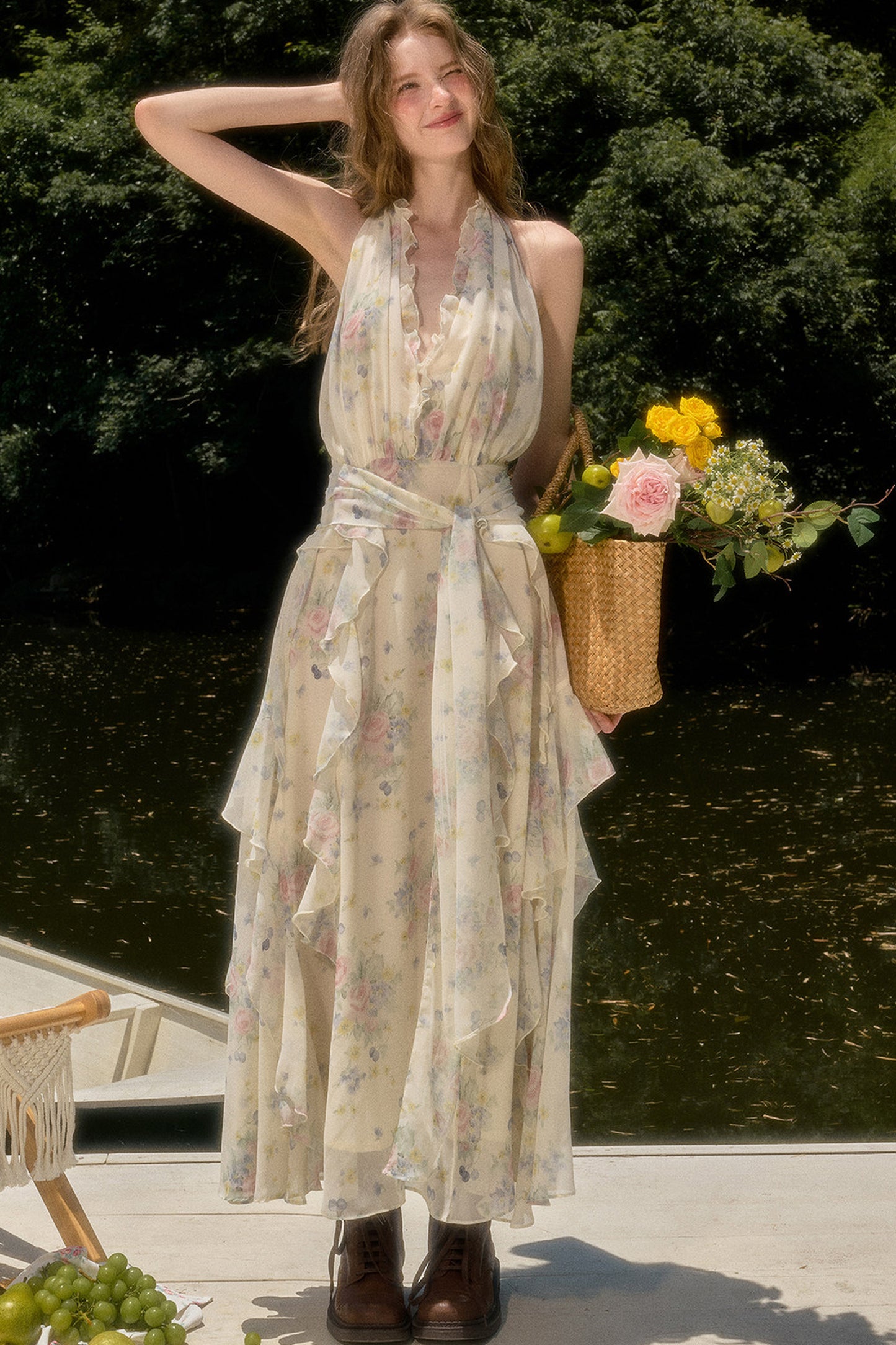 Floral Ruffle Sleeveless V-Neck Dress