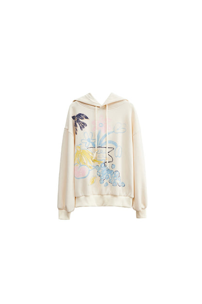 Ear Detail Bird Fruit Print Sweatshirt and Skirt Set-Up