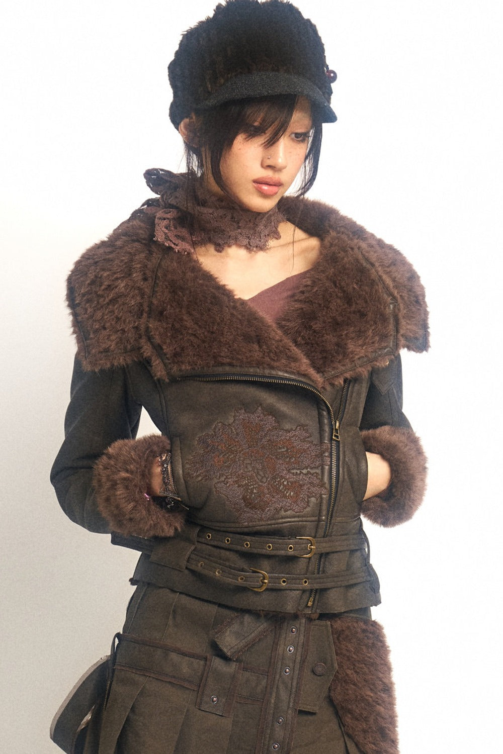 Vintage Millennium Embroidery Windproof Warm Fur Jacket