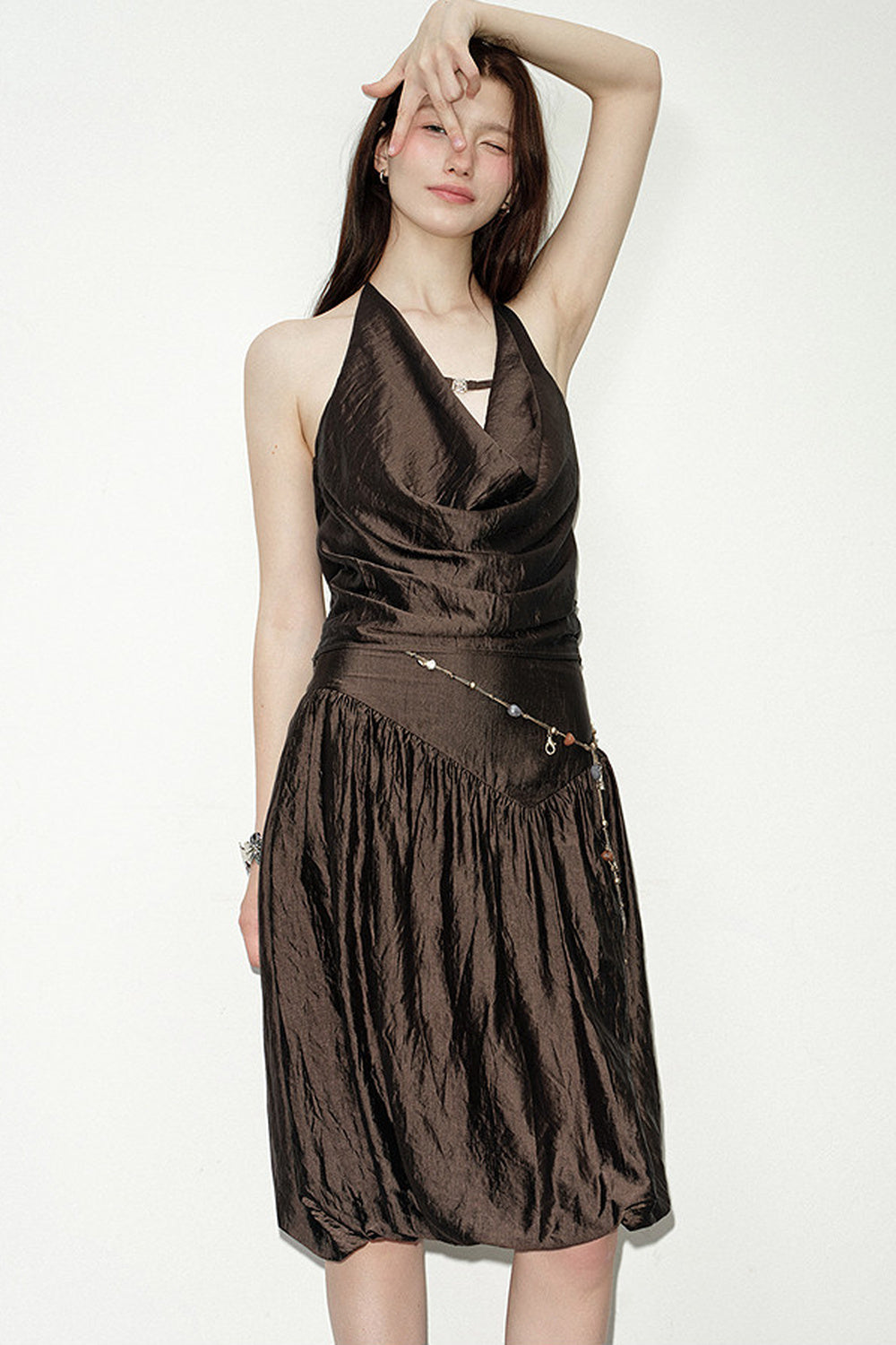 Brown Cowl Neck Camisole and Irregular Skirt Set