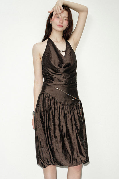 Brown Cowl Neck Camisole and Irregular Skirt Set