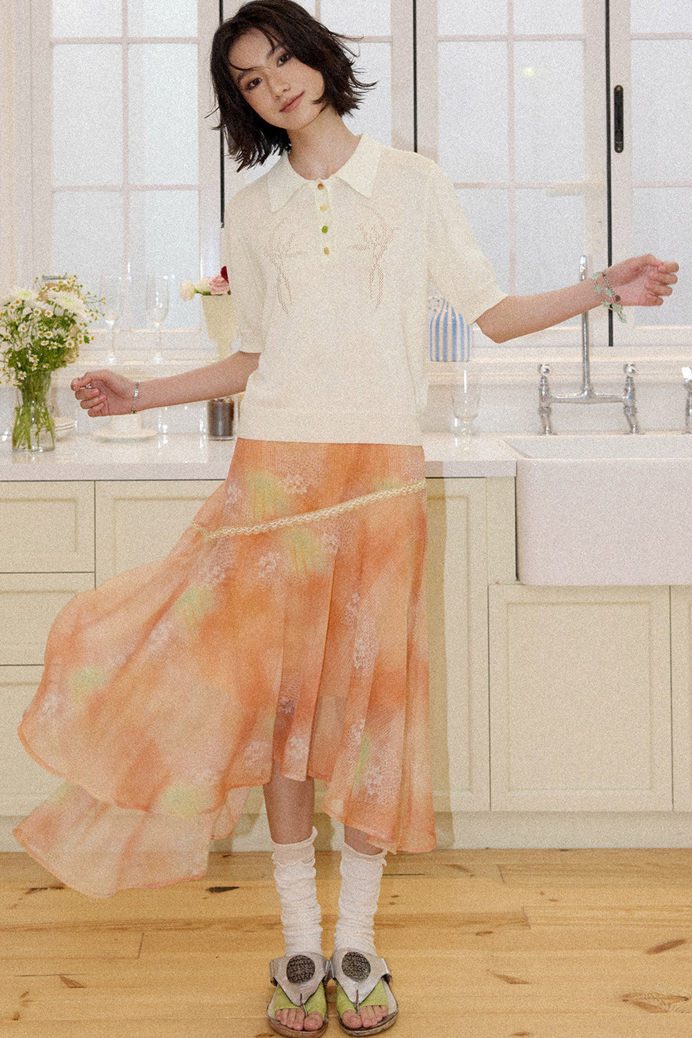 Irregular Lace Trim Chiffon Skirt