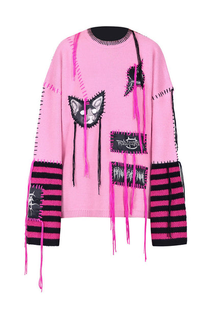 Cat Patchwork Striped Sweater