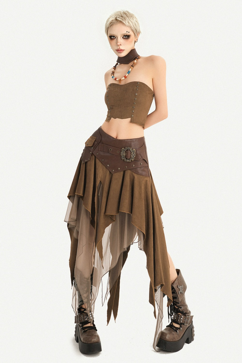 Patchwork Faux Suede Skirt and Top Set-Up