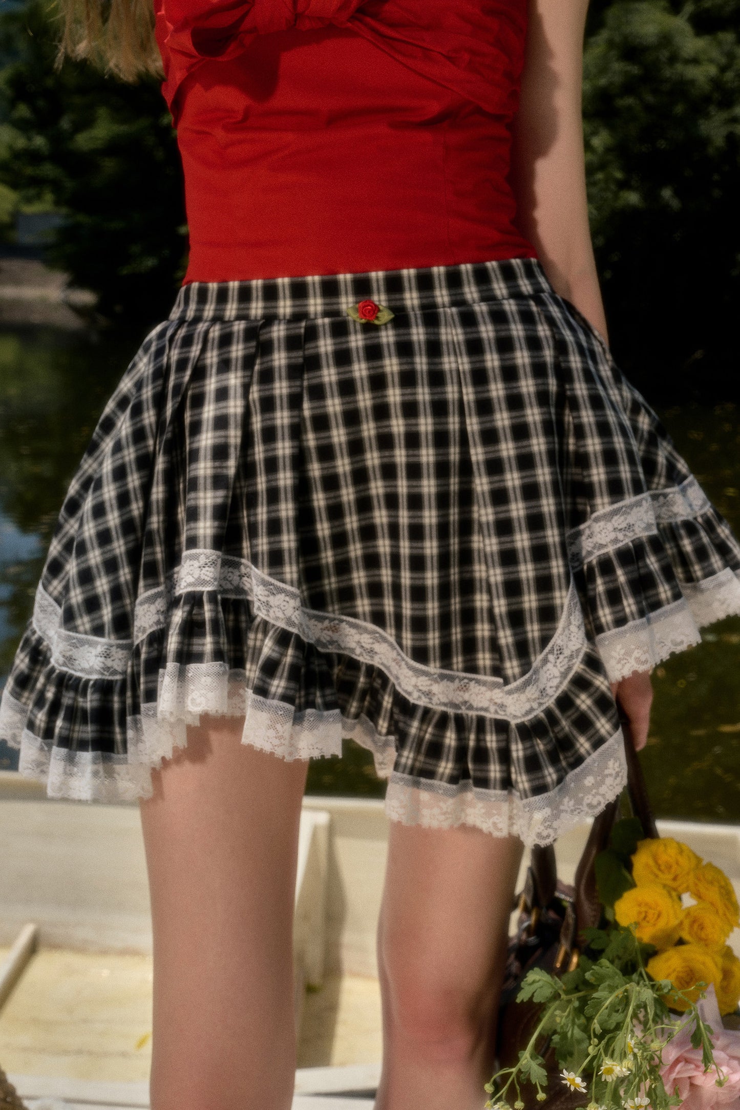 White Plaid Lace Skirt