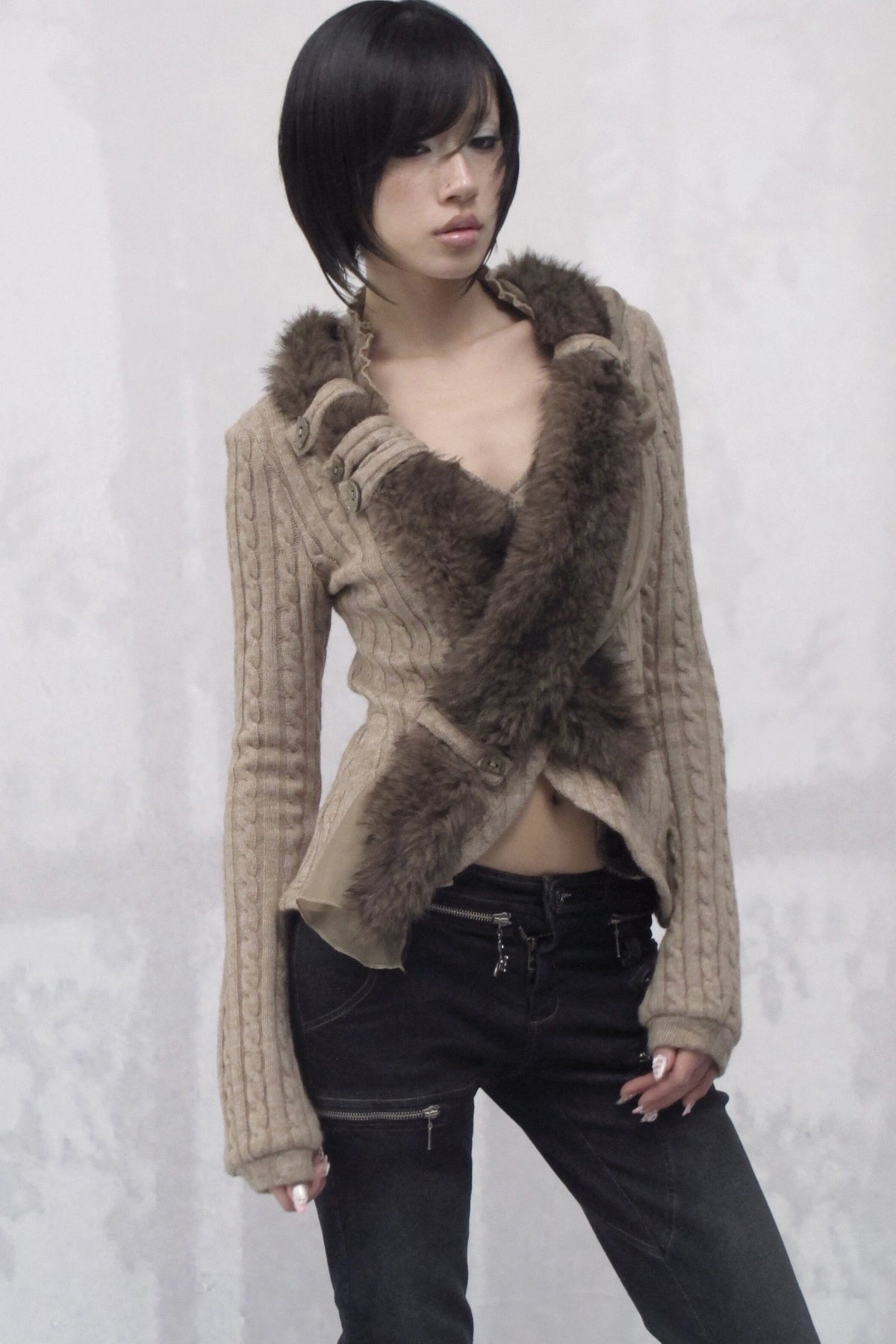 3D Asymmetric Cross-Over Detachable Fur Collar Cardigan
