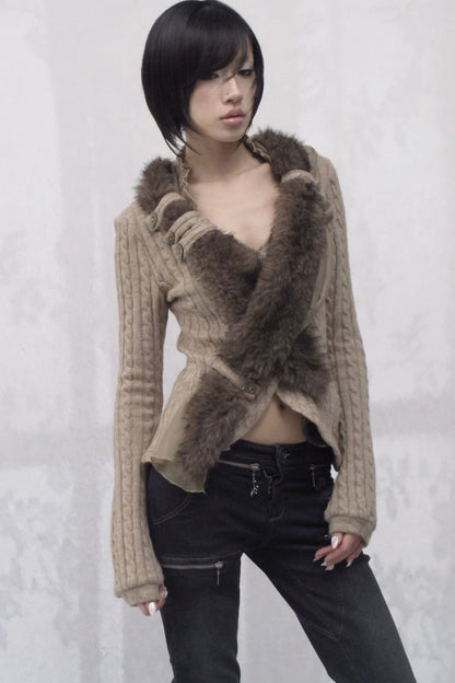 3D Asymmetric Cross-Over Detachable Fur Collar Cardigan