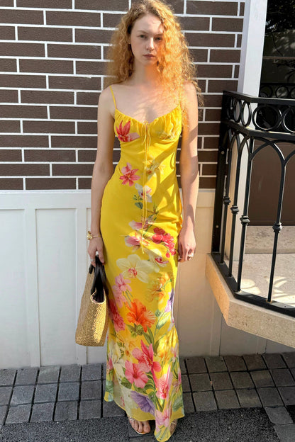 Tropisches handbemaltes Slipkleid mit Blumenmuster und V-Ausschnitt