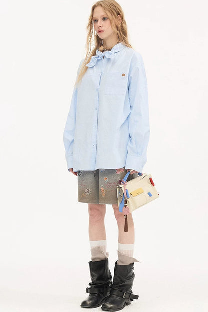Washed Cotton Scarf-Style Blouse