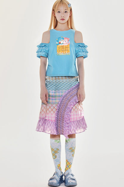 Tee-shirt en dentelle à épaules dénudées chaton bleu
