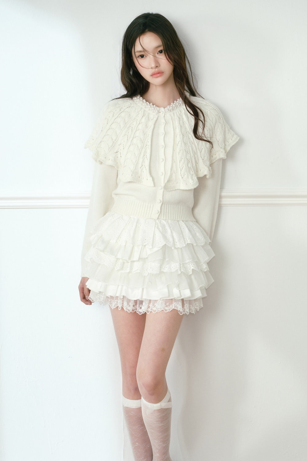 White Pearl Collar Cape Shawl Knit Sweater