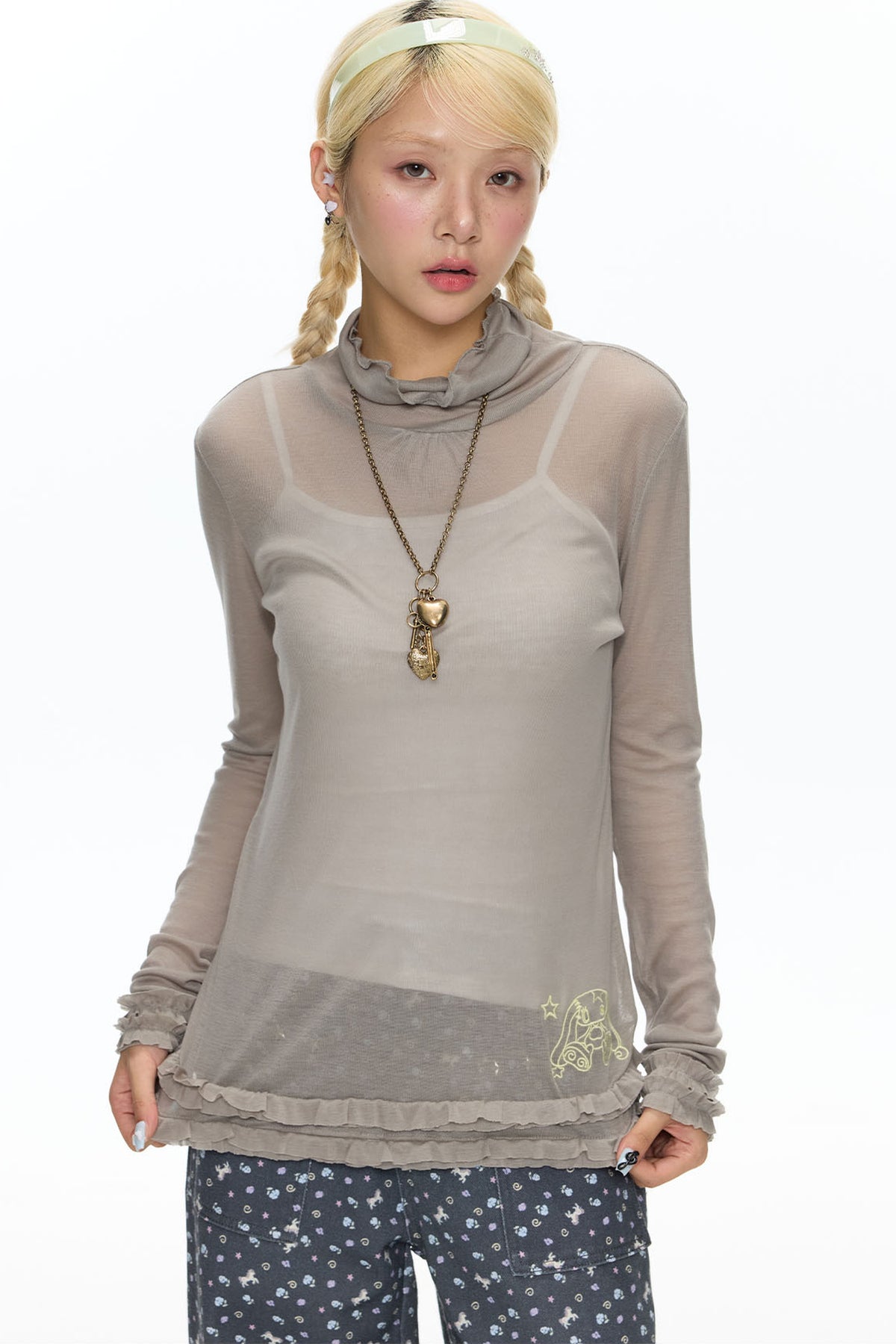 Sheer High Neck Ruffle Hem Top
