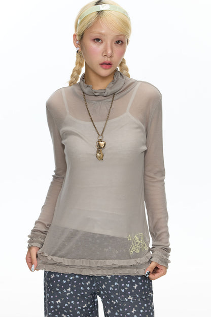 Sheer High Neck Ruffle Hem Top