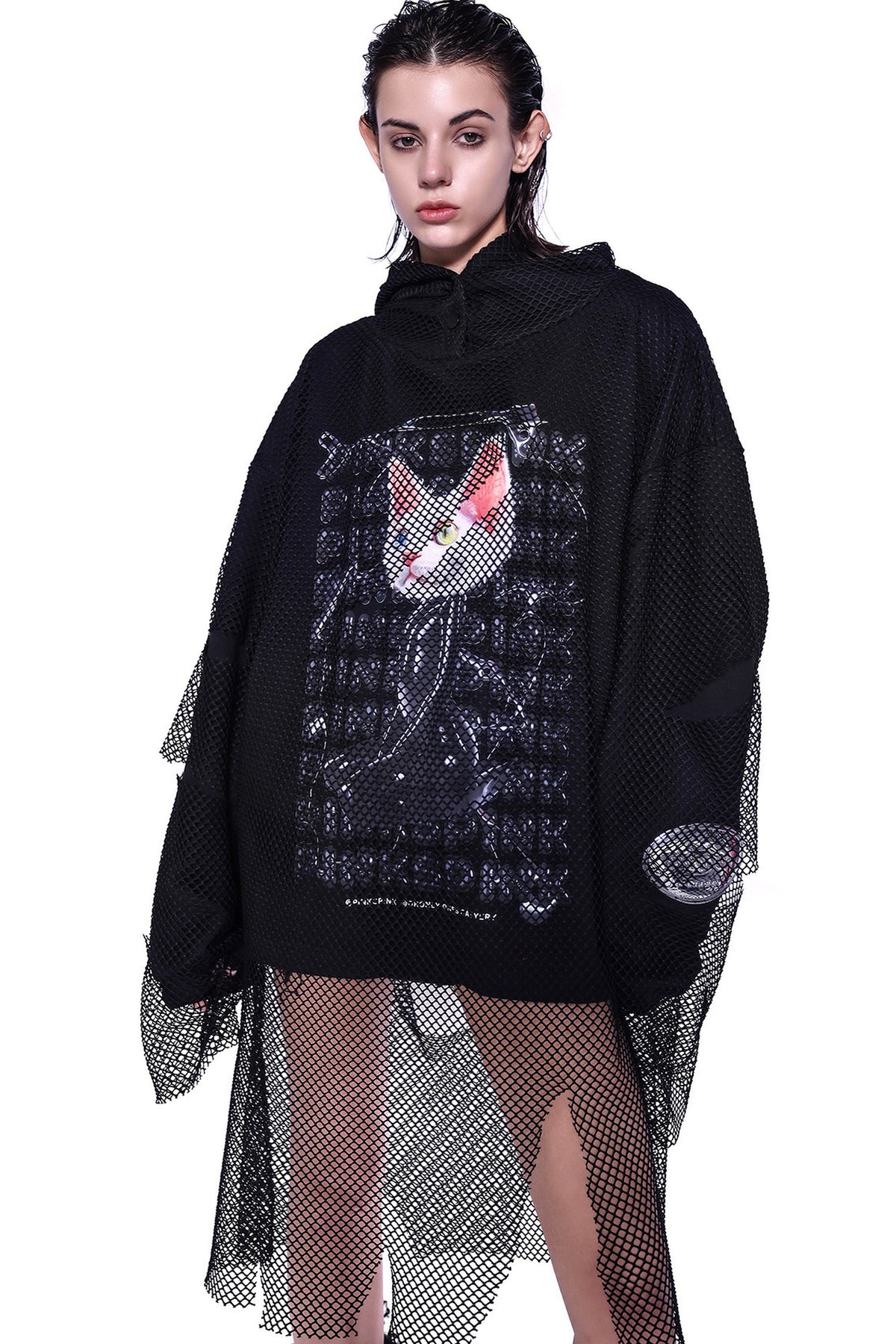 Cat Ear Layered Mesh Hooded Sweatshirt