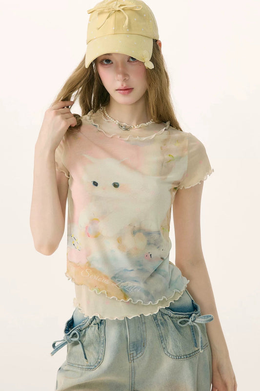 Cat Print Mesh Short Sleeve T-Shirt