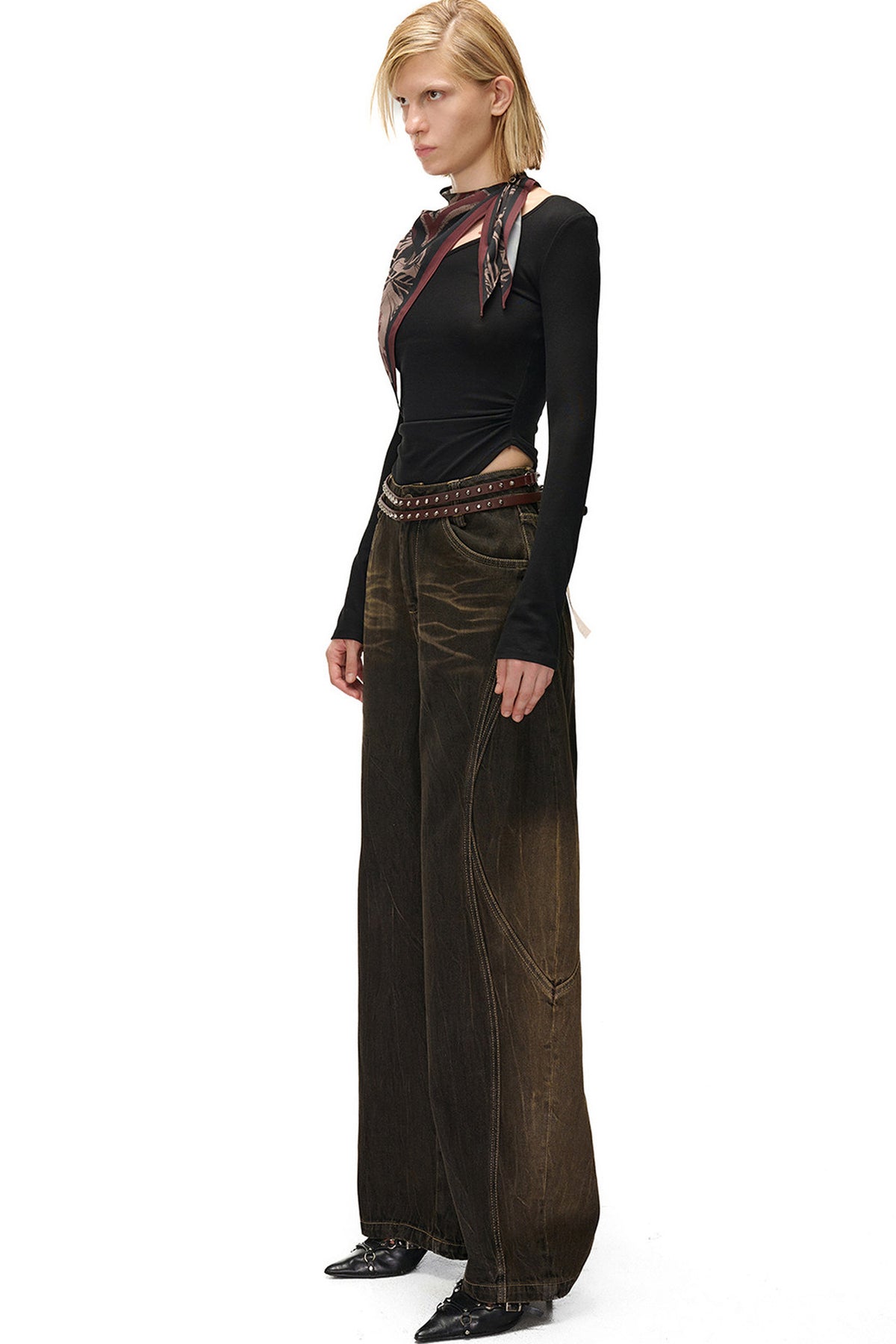 Printed Scarf Spliced Layered-Look Long-Sleeved Shirt