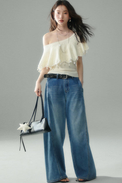 Off-Shoulder Ruffled Knit Top