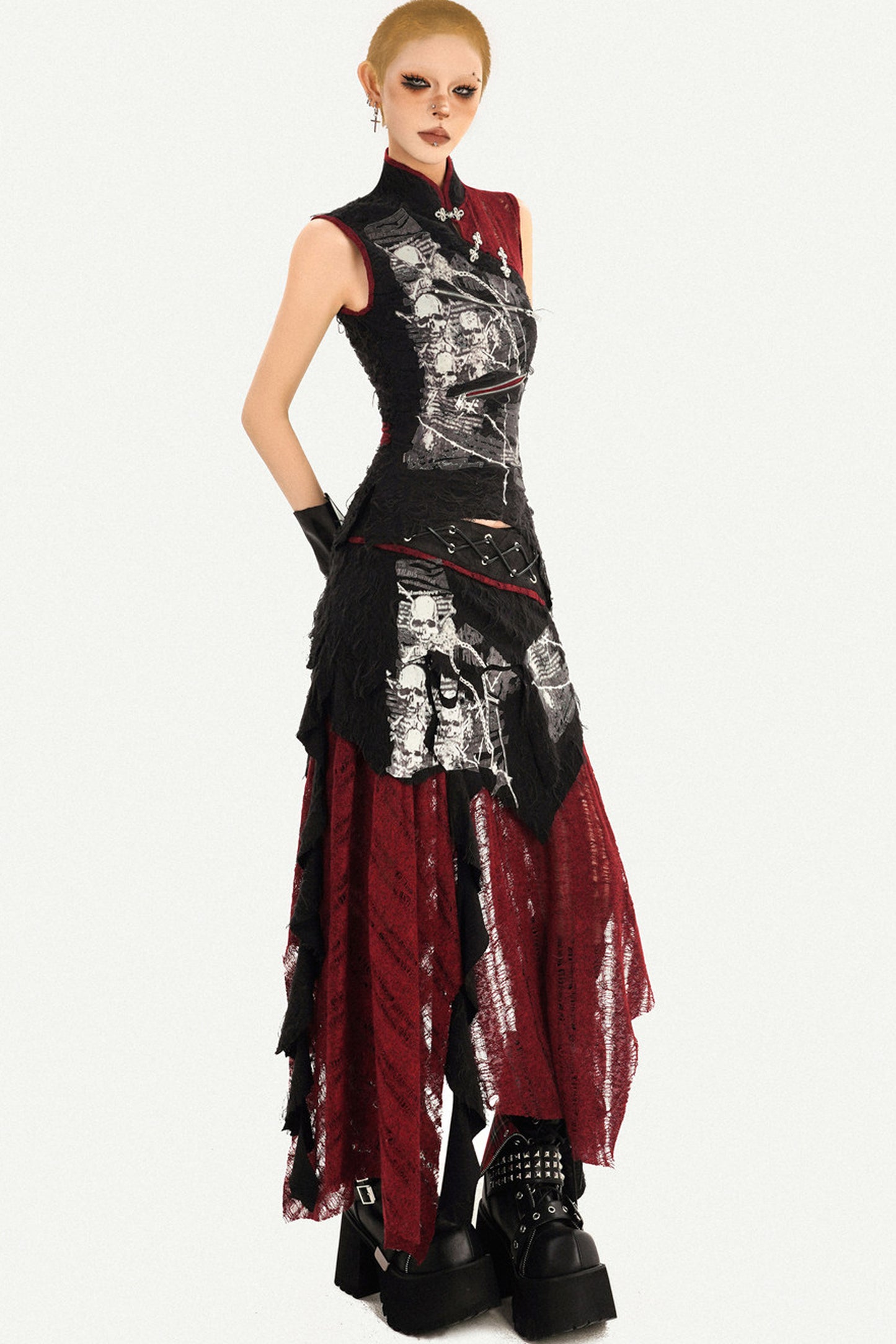 Gothic Cheongsam Sleeveless Top and Long Skirt Set-Up